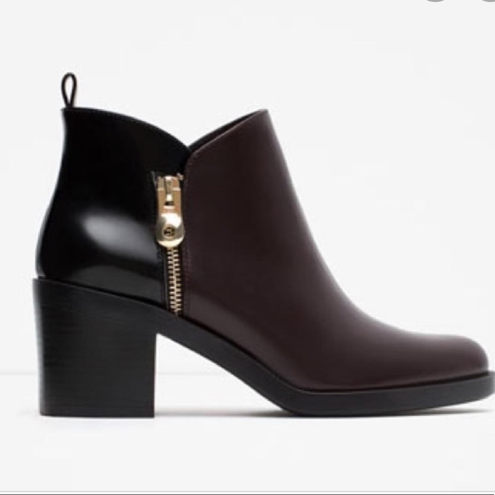 Zara Brown and Black Leather Ankle Booties with Gold Zip